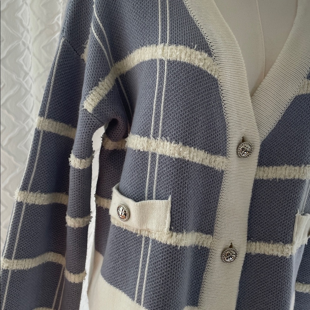 MABLE Sweater Nautical Striped Blue and White Cardigan Silver Medium Oversized - Picture 5 of 9